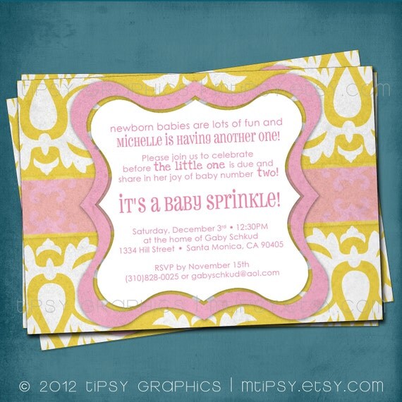 Big Damask Mustard & Pink Baby / Bridal Shower Invitation. Any text and colors by Tipsy Graphics Il_570xn