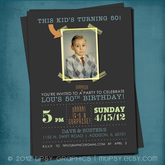 This Kid's Turning 50. Modern Milestone Surprise Birthday Party Invite Perfect with Old School Photo by Tipsy Graphics. Any age, any colors Il_570xn
