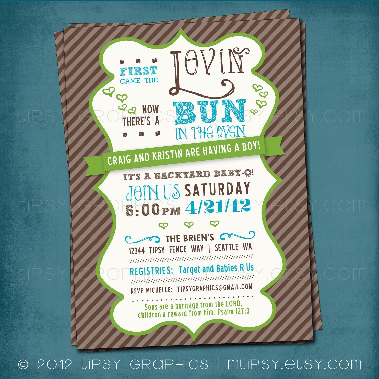 First Came the Lovin. Bun in the Oven Baby Shower Invite by Tipsy Graphics. Any colors and text. Il_570xn