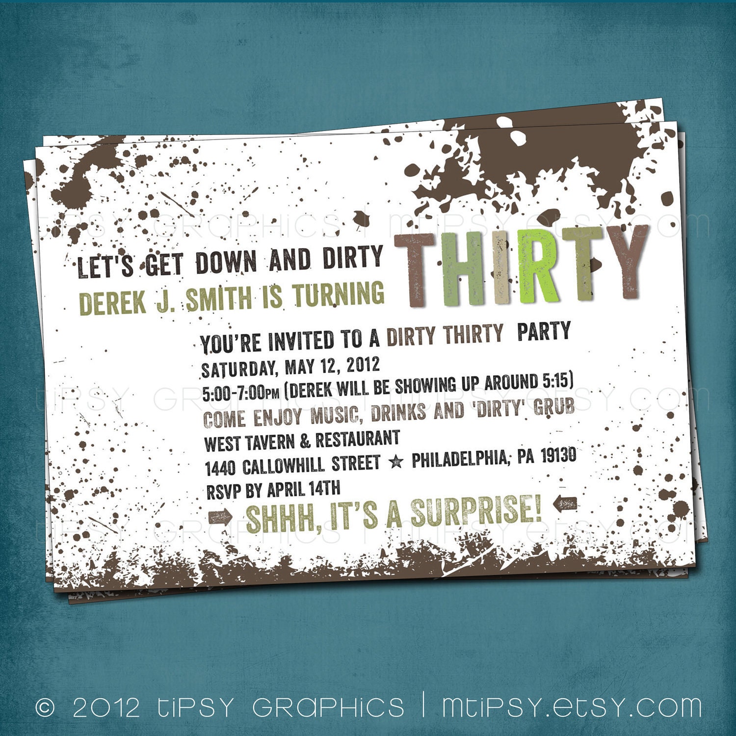 Down & DIRTy. The DIRTy Thirty. 30th Birthday Party Invite Surprise Optional. Customized by Tipsy Graphics Il_570xn