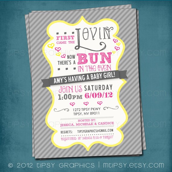First Came the Lovin. Bun in the Oven Baby Shower Invite. Yellow Gray Pink by Tipsy Graphics. Any colors and text. Il_570xn