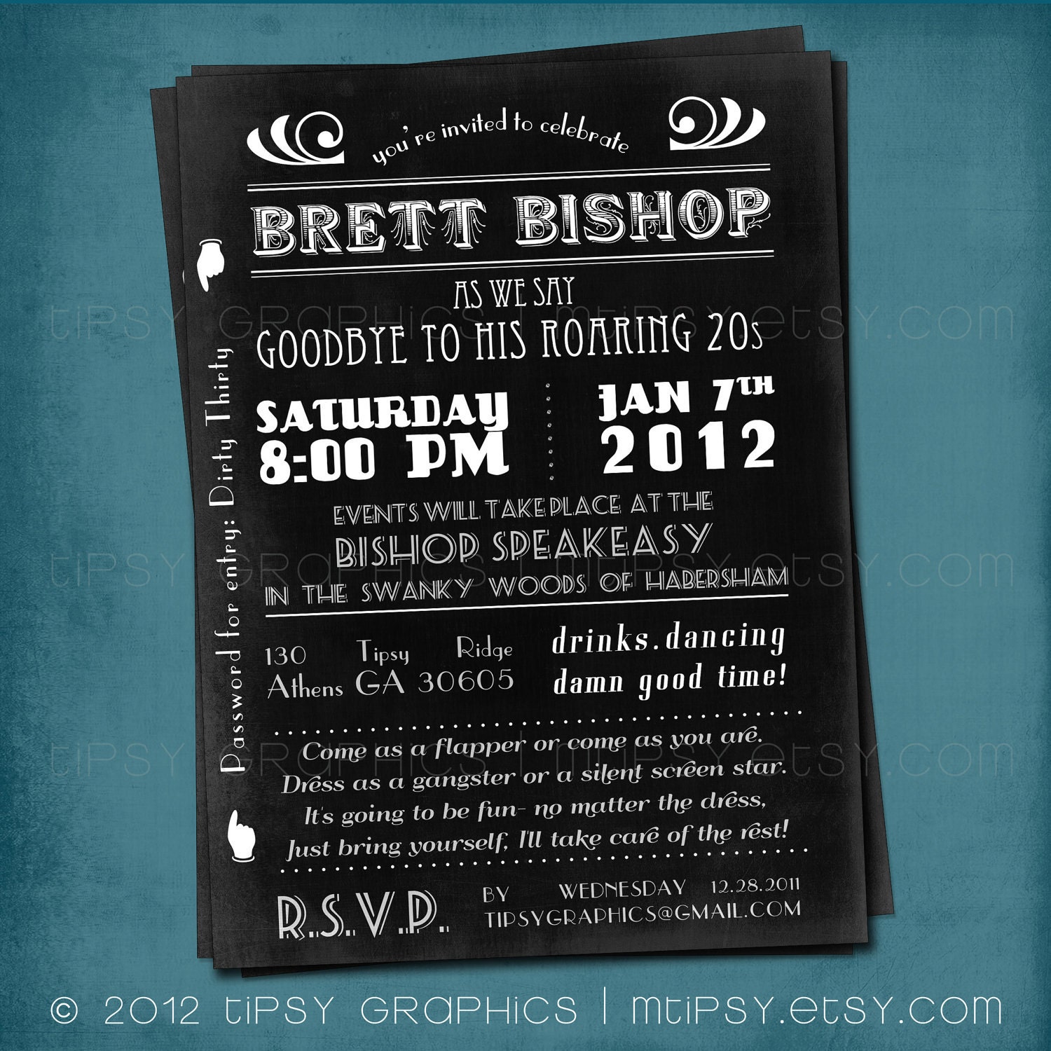 Goodbye to the Roaring 20s or 30s. 1920s Flapper / Gangster Party Invitation by Tipsy Graphics