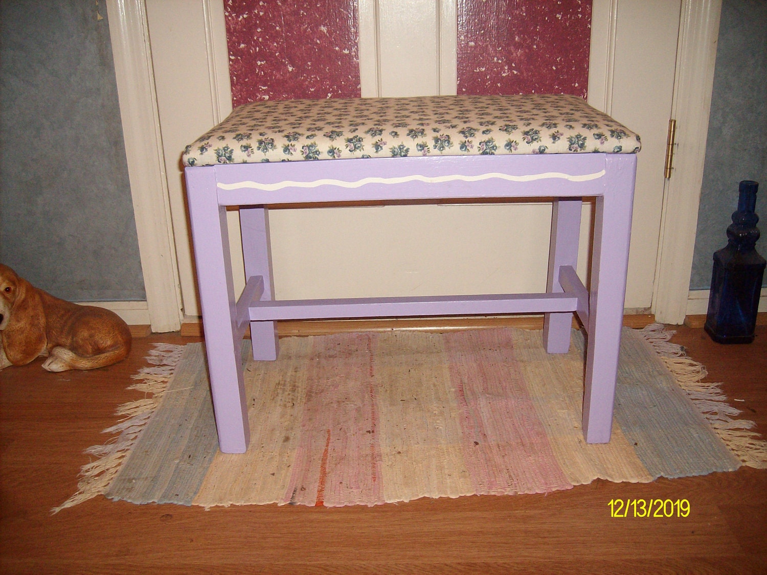 Lavender Painted Distressed Wood Bench with Floral Fabric Seat--Free Shipping in the US--ooak