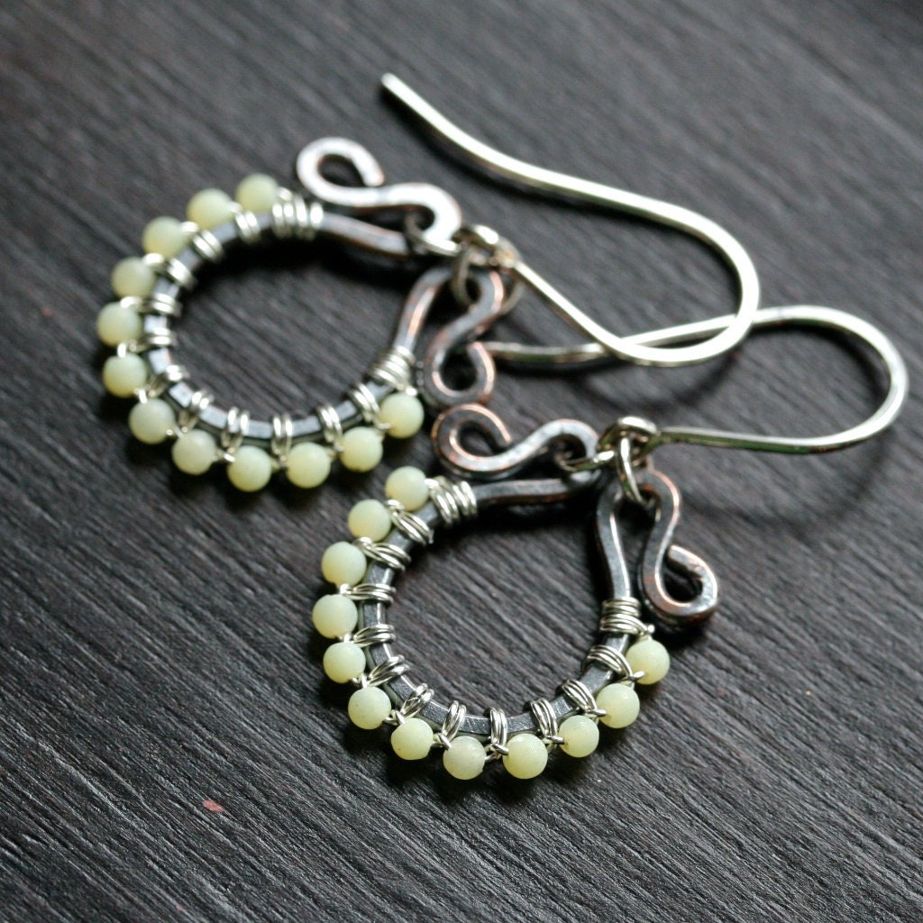 Handmade beaded dangle earrings, light green olive jade, copper, sterling silver, mixed metal, wire wrapped