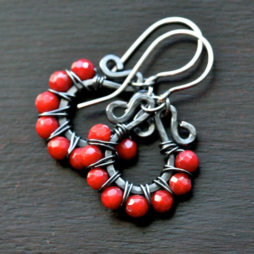 Handmade beaded hoops, red coral, oxidized copper, wire wrapped earrings, red earrings, sterling silver, Mimi Michele Jewelry