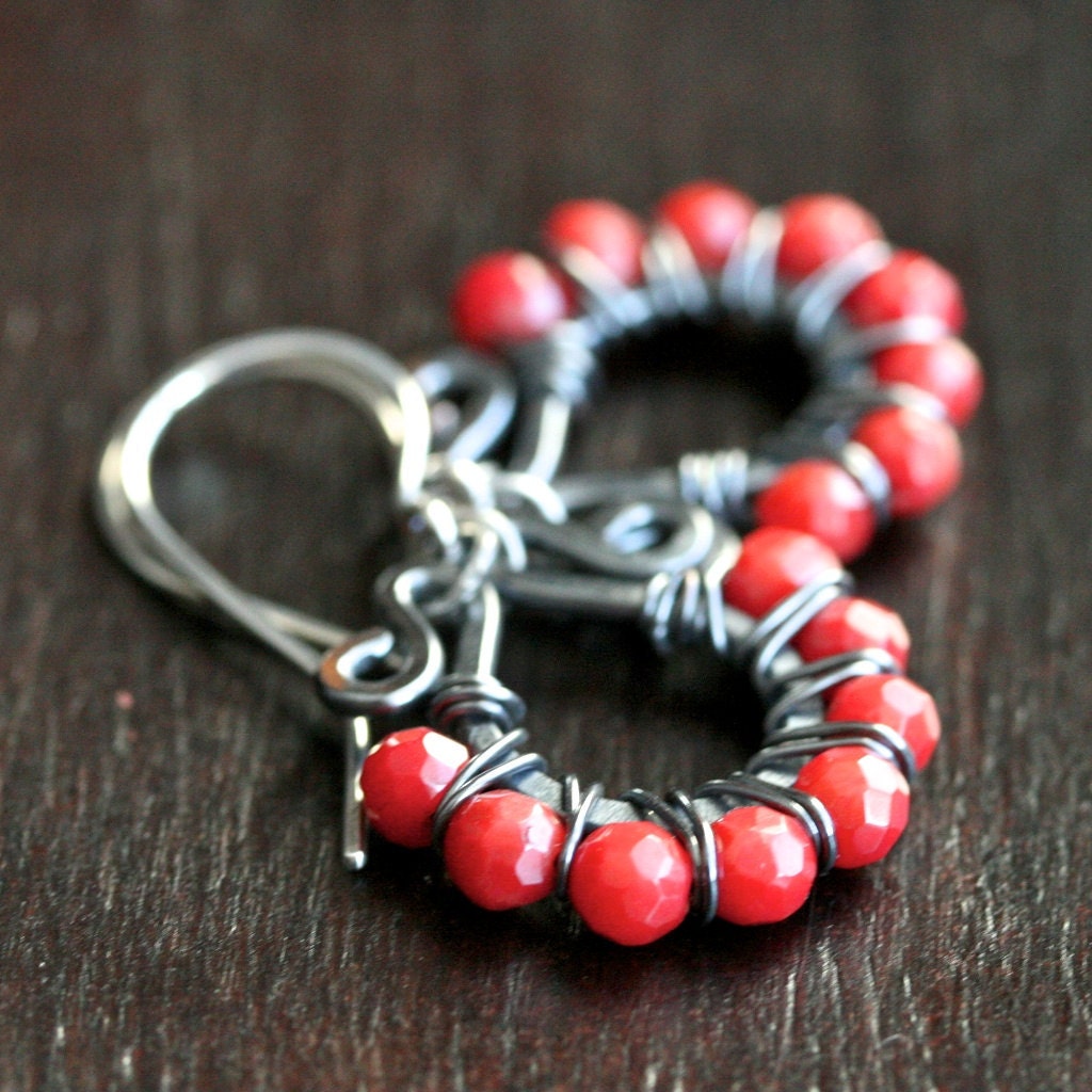 Handmade beaded hoops, red coral, oxidized copper, wire wrapped earrings, red earrings, sterling silver, Mimi Michele Jewelry