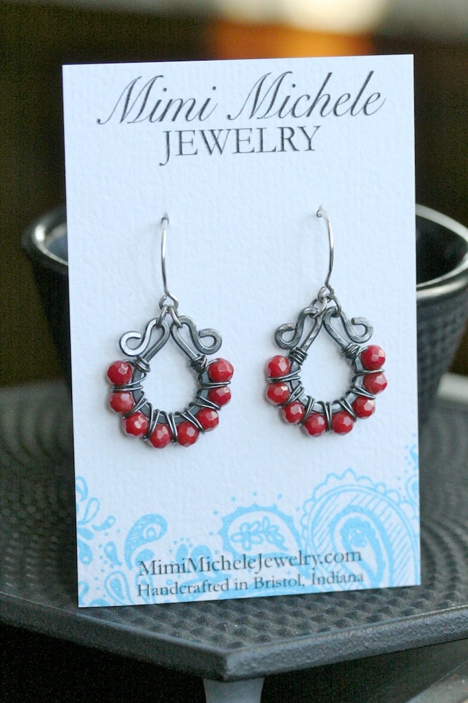 Handmade beaded hoops, red coral, oxidized copper, wire wrapped earrings, red earrings, sterling silver, Mimi Michele Jewelry