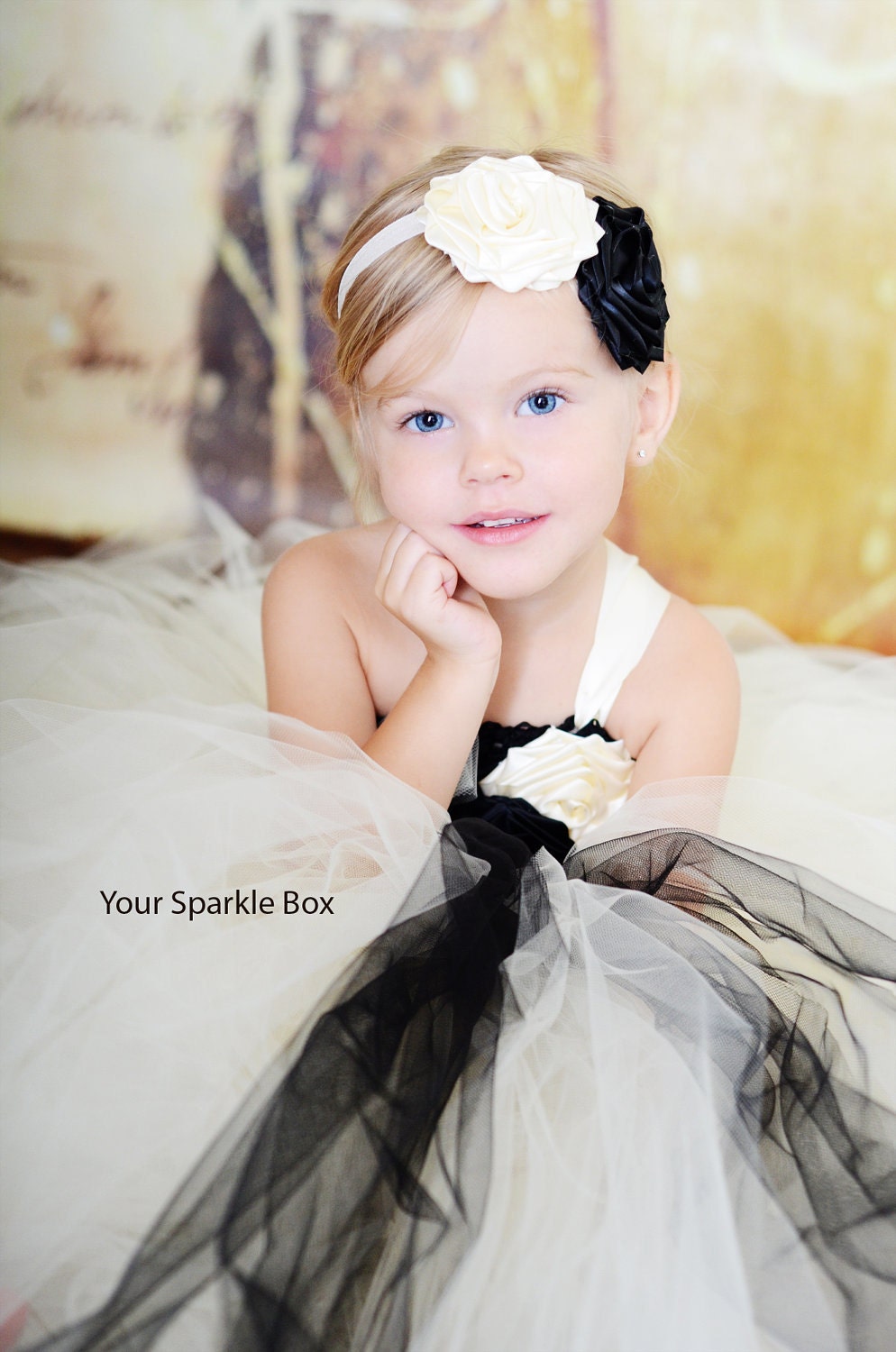 Ivory and Black wedding flower girl dress
