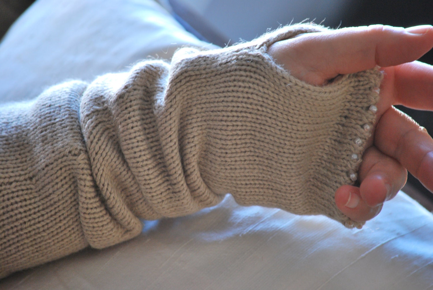 Long Camel Hair Fingerless Gloves - Arm Warmers with Pearl Trim