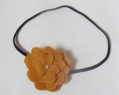 Yellow mustard Peony Felt Flower Skinny Stretchie Elastic Black Headband. Baby, Girl, Toddler, Teen, Adult, Woman, Photo Prop.