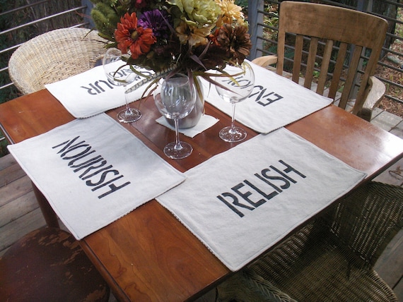 Placemats Rustic Natural Cotton 4 settings hand painted Nourish, Savour, Enjoy, Relish Il_570xn