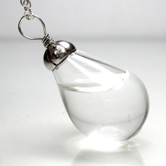 Clear color water in tear drop hand blown glass silver plated pendant