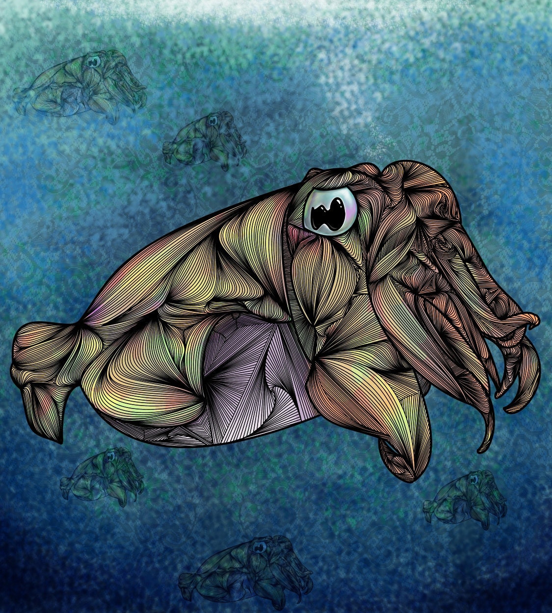 Cuttlefish underwater glossy or matte professional Illustration art print,cuttlefish,sea,ocean,deep,blue, tentacle,