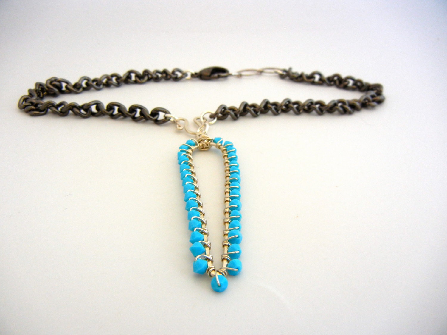 Beaded Necklace,Wire Wrapped Pendant, Swarovski Turquoise Gunmetal Necklace