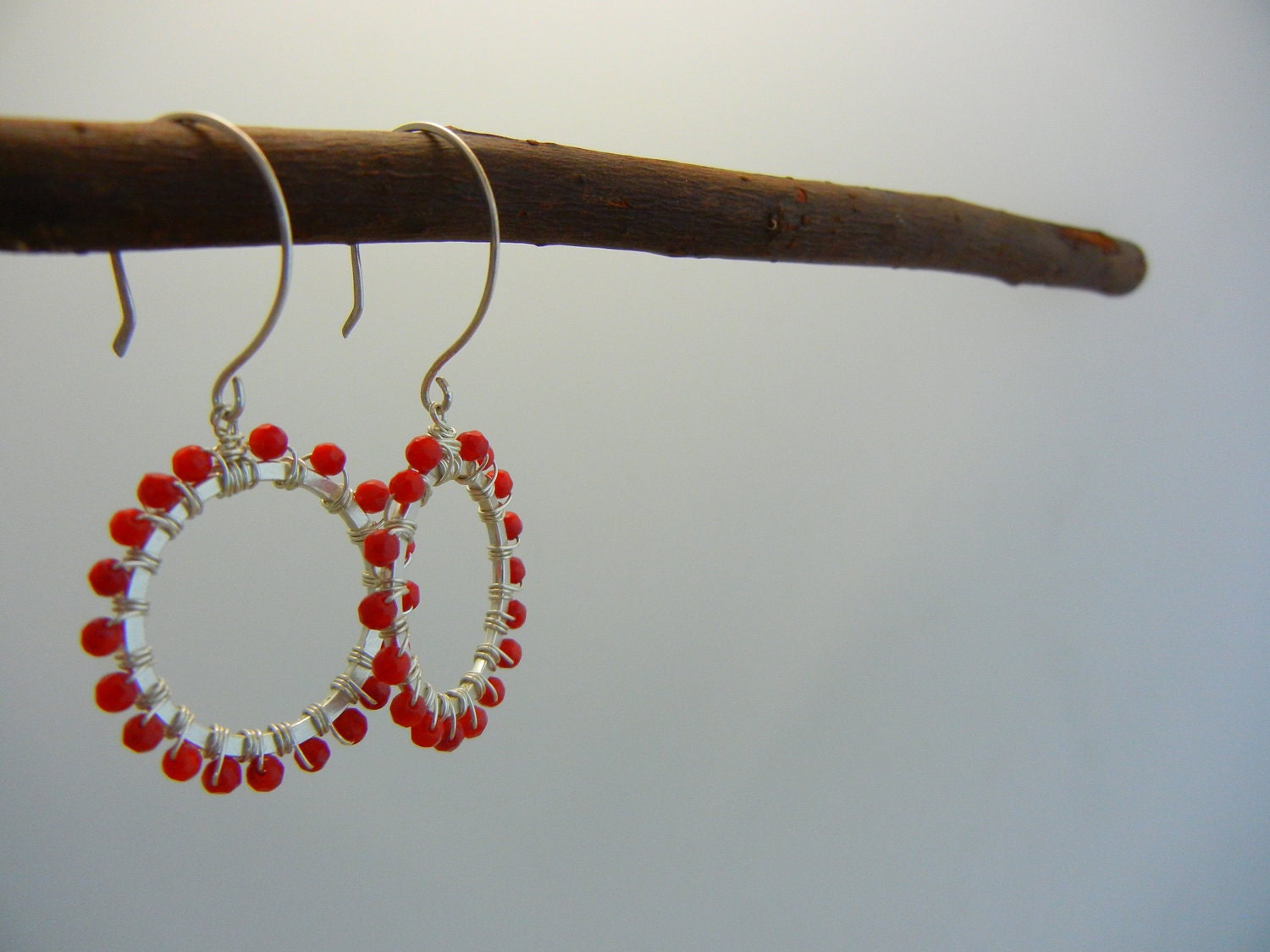 Sterling Silver  Hoop Earrings, Dangle coral Earrings, Red Earrings, Beaded Earrings