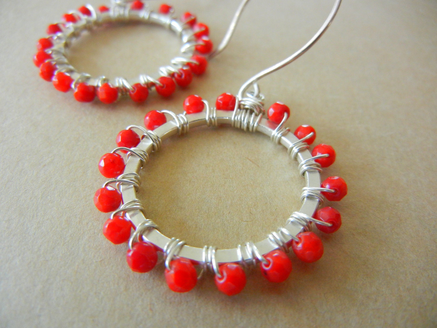 Sterling Silver  Hoop Earrings, Dangle coral Earrings, Red Earrings, Beaded Earrings