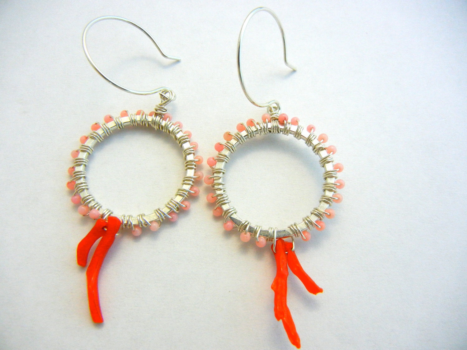 Coral Hoop Earrings, Silver Hoop Earrings, Dangle Earrings, Coral Branch Sterling Silver Hoop Earrings,