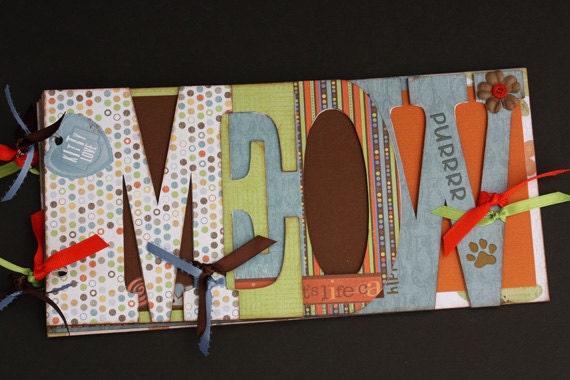 Cat word album, pet chipboard scrapbook, colorful kitty photo keepsake