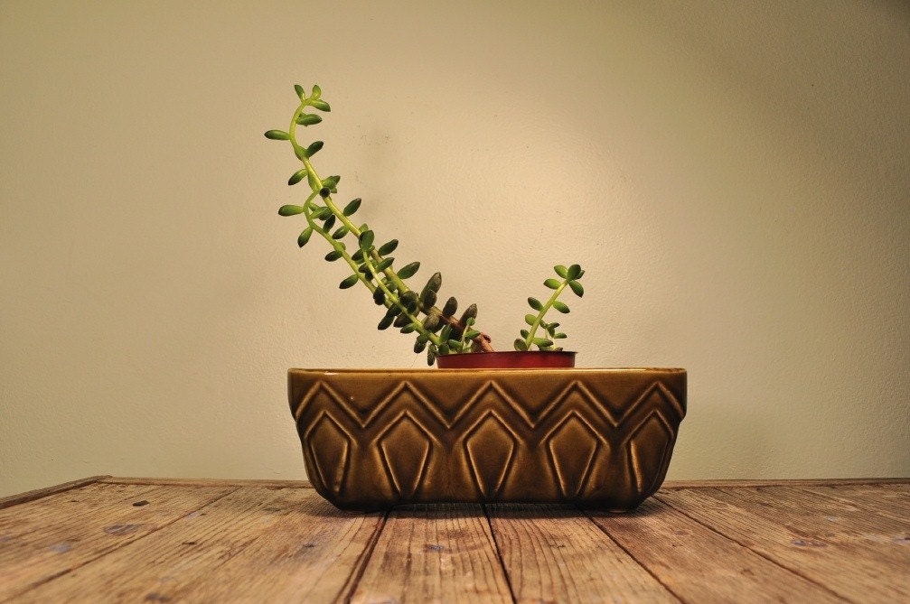Vintage Avacado Green Brush Planter