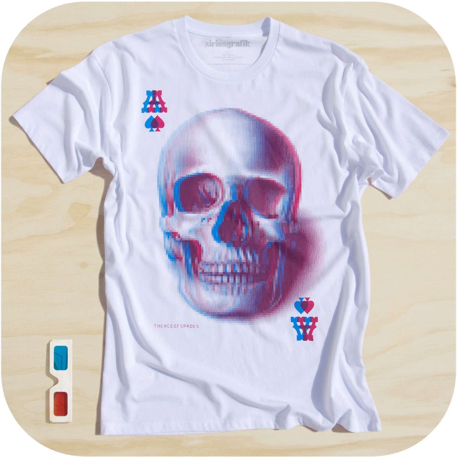 ACE of SPADES 3D Skull Hand Pulled Screen Print on White Mens T-shirt size S / M / L / XL - Free Shipping -