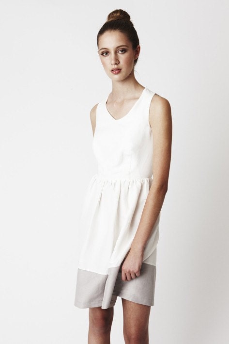 White Evelyn Dress - Simple, crisp and classic in silk/linen, vee-neck, two-tone, above knee