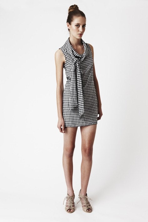 Gingham Bow Dress - Playful 100% cotton black and white checkered dress