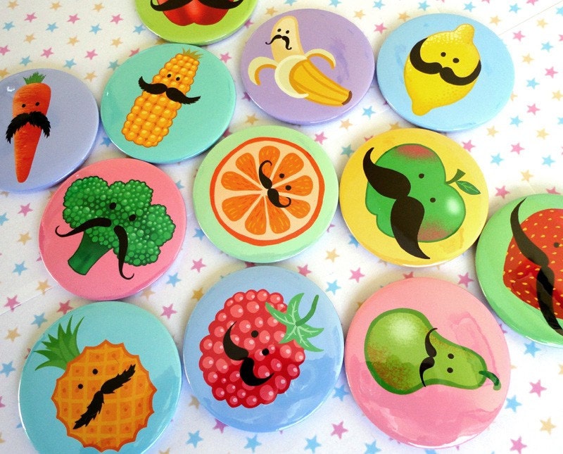 FOOD - Fruit and veggies with Mustaches POCKET MIRRORS x 4