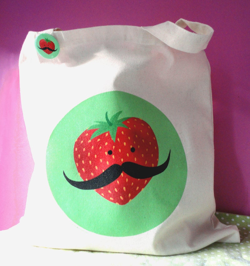 Strawberry with Mustache Recycled Cotton Tote Bag