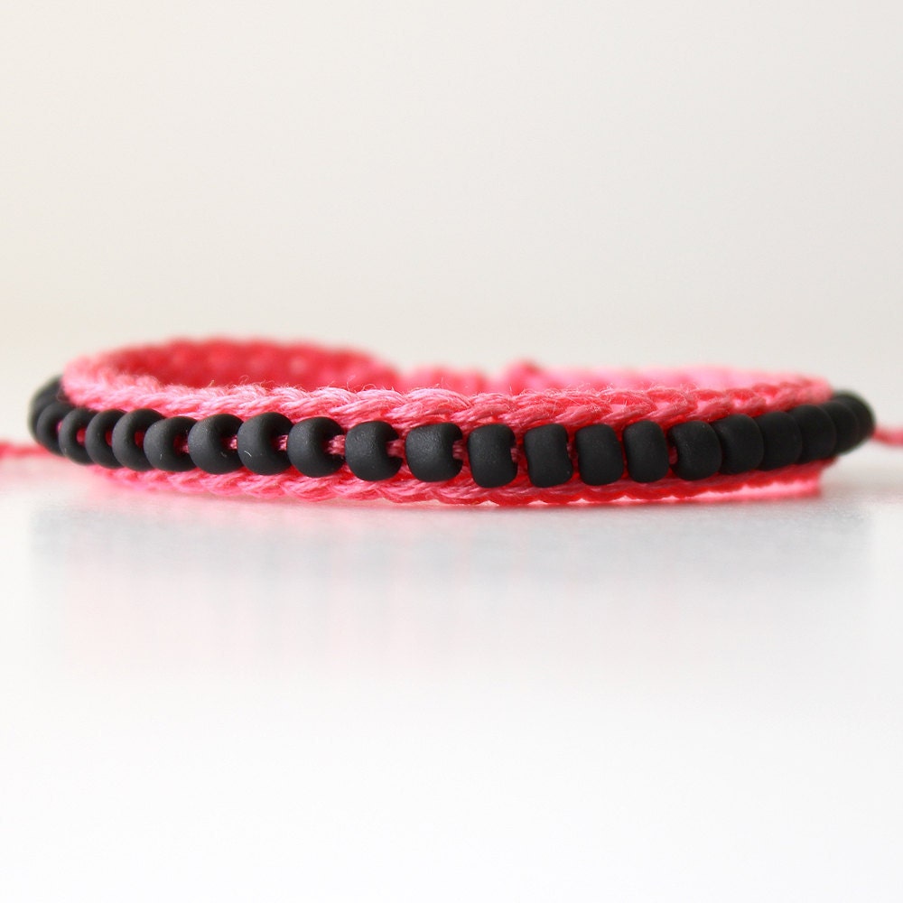 Beaded Friendship Bracelet, Emberglow and Matte Black, Summer Jewelry, Arm Party, Pink and Black
