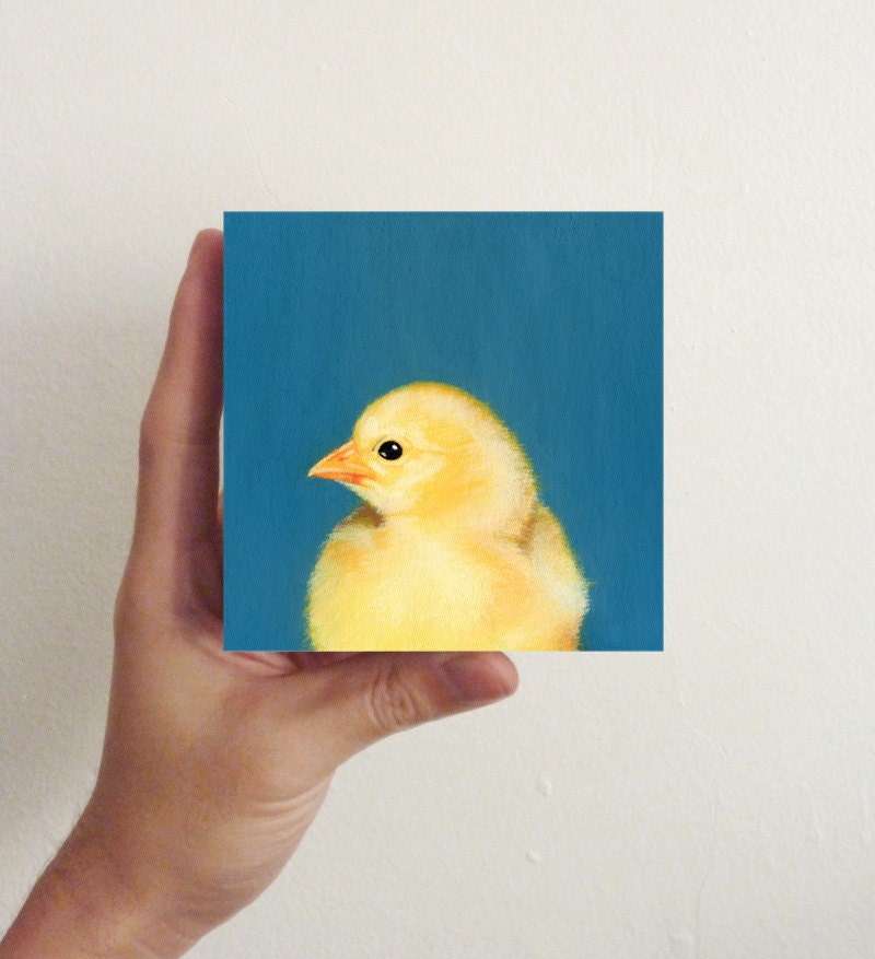 Miniature Chicken Art - Baby Chick on Blue Forest / Mini Art Block