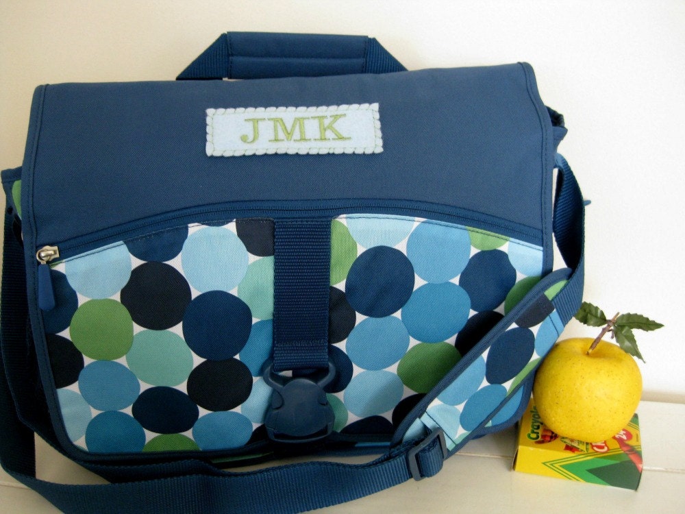 Personalized Messenger Bag Upcycled PBteen-- Blue Pop Dot