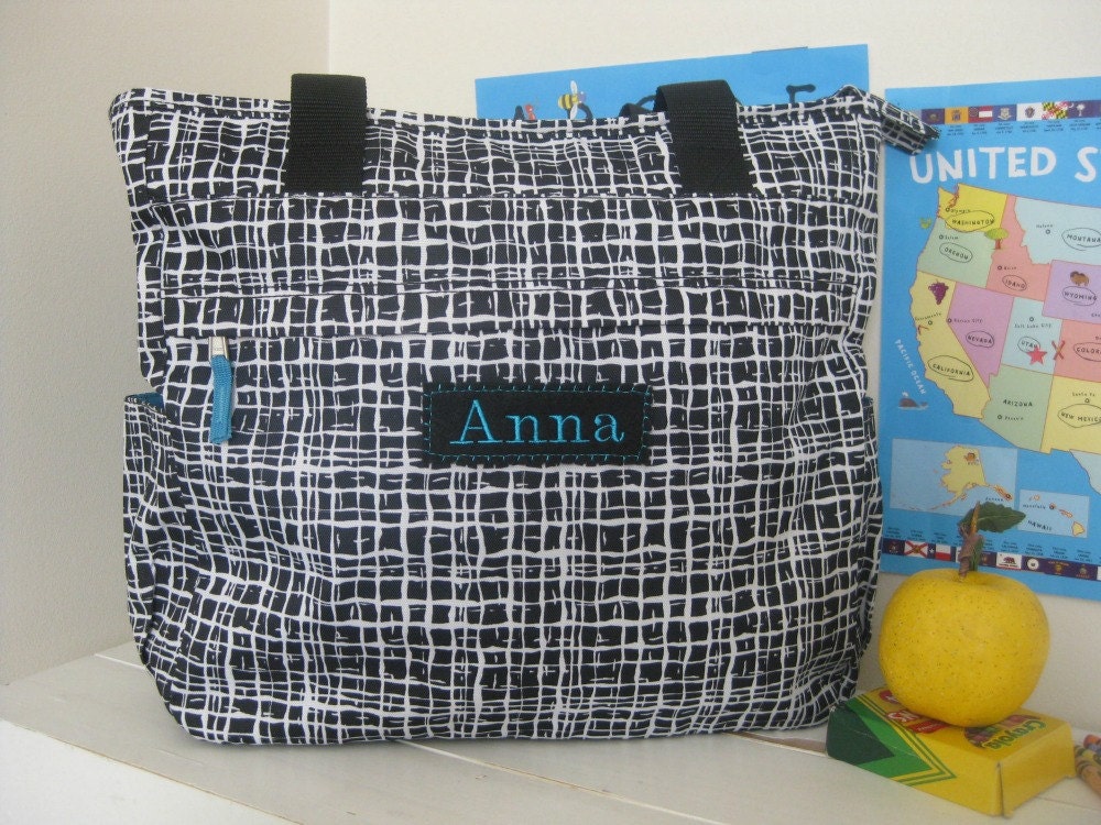 Personalized Tote Bag (Pottery Barn): Basket Weave With Turquoise Trim