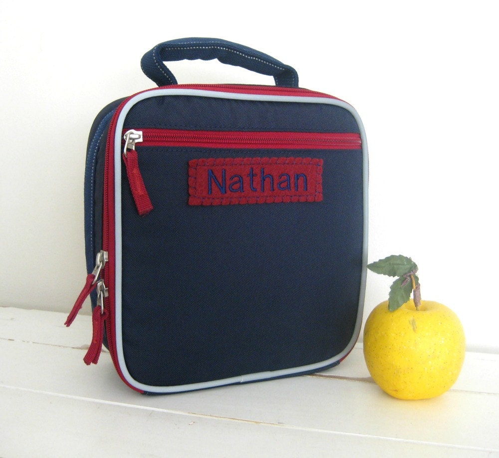 Boy's Lunch Box With Monogram Upcycled Pottery Barn (Fairfax) -- Navy/Red