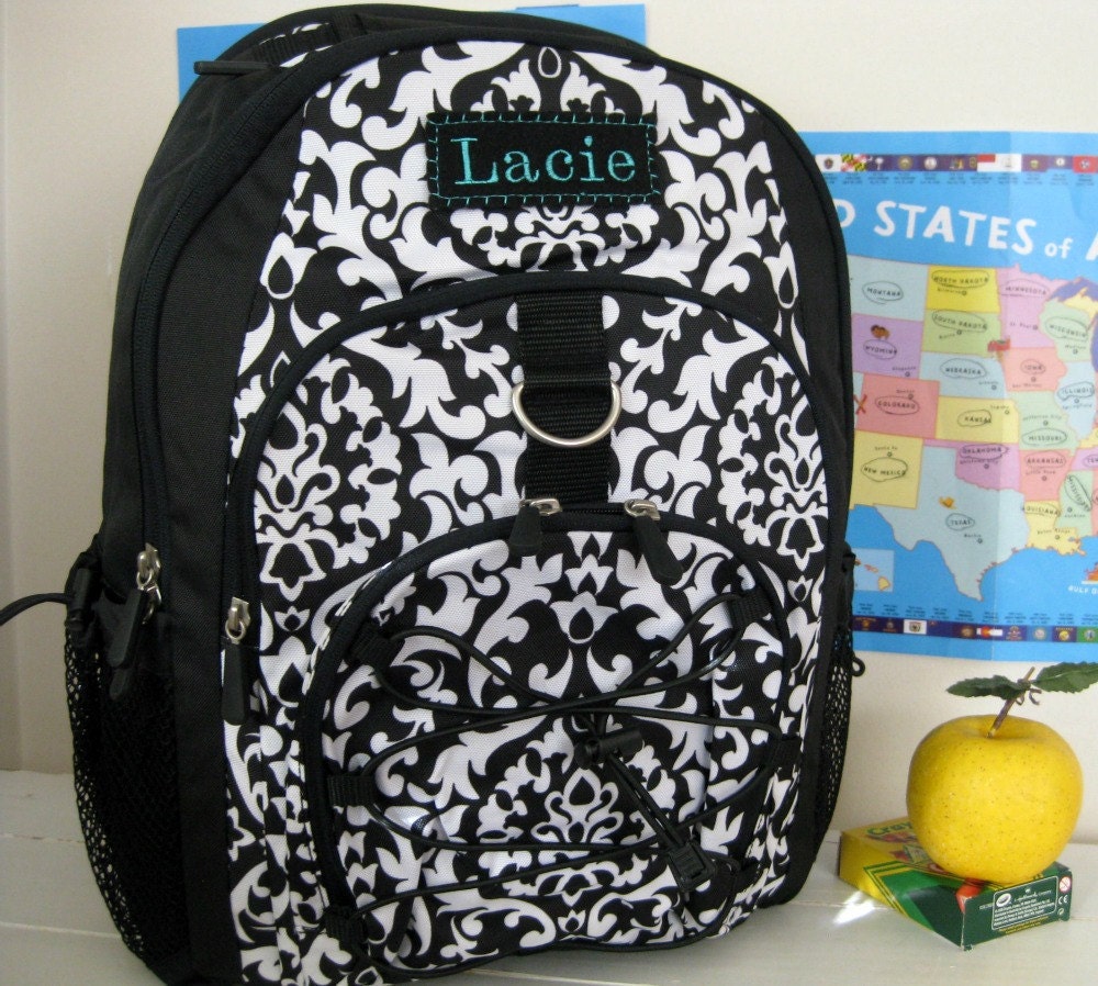 Backpack With Monogram Upcycled PBTeen  (Large Size) -- Black Damask