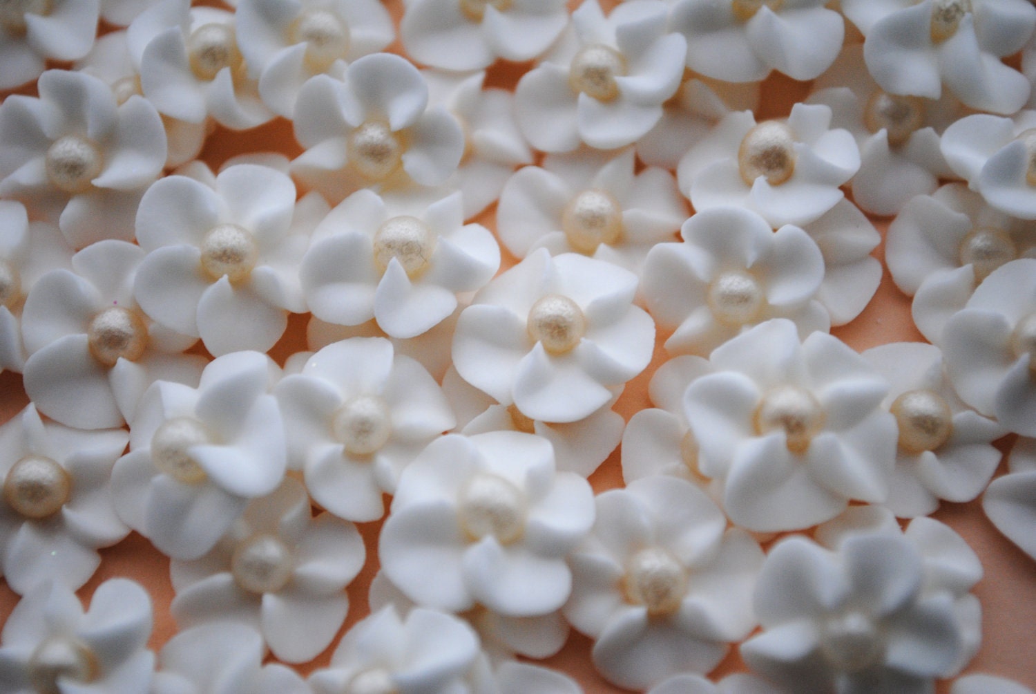 100 Royal Icing Flowers-  White with Sugar Pearl Center