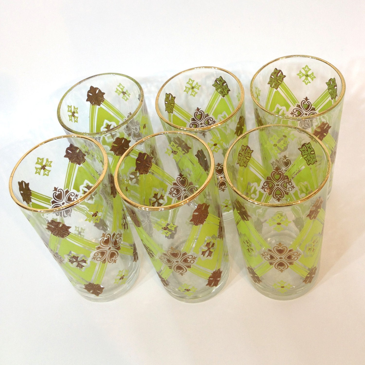 Set of 6 Vintage Glasses Green Brown Gold Drinkware Glassware Diamond Brocade Pattern