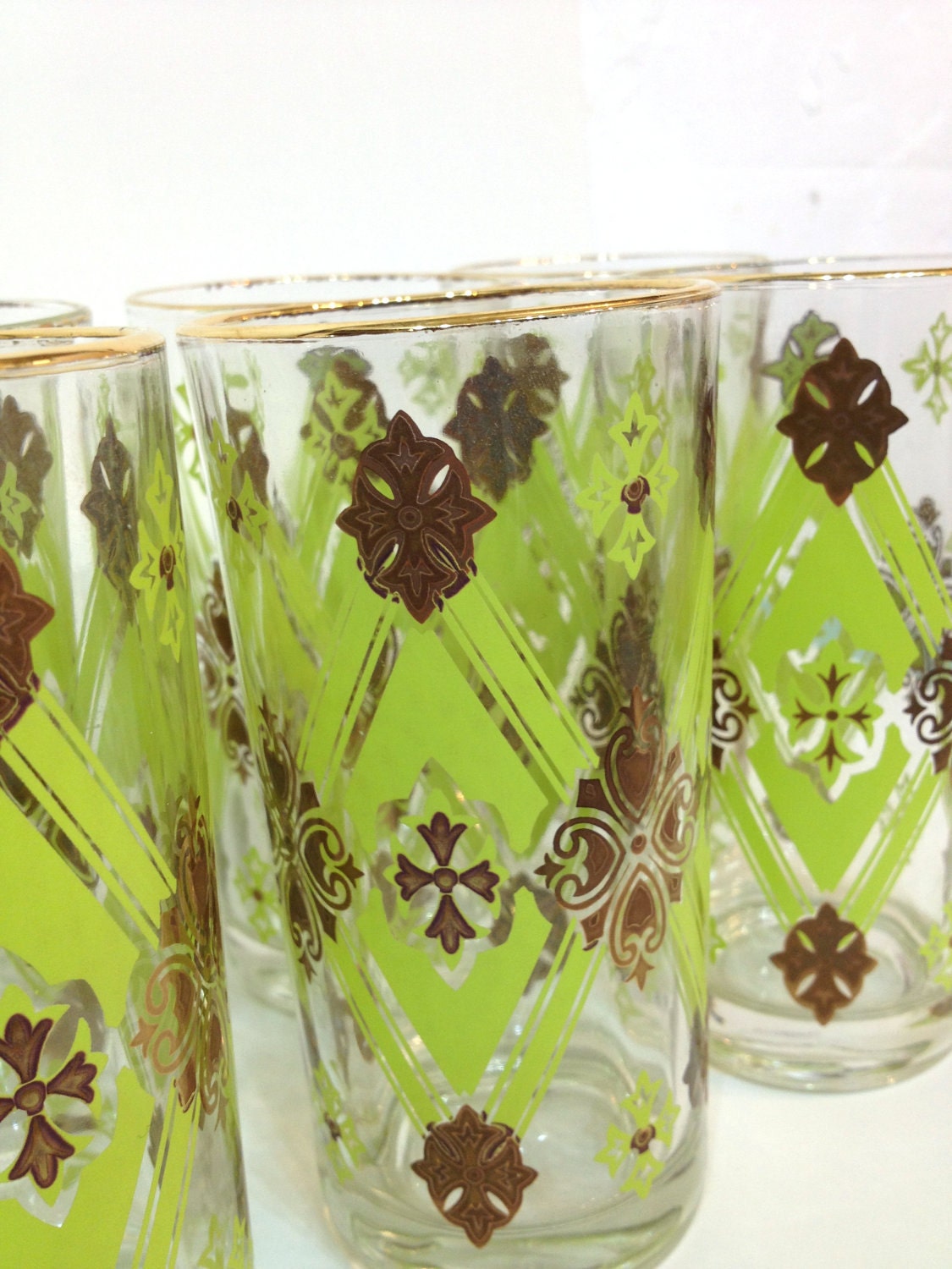 Set of 6 Vintage Glasses Green Brown Gold Drinkware Glassware Diamond Brocade Pattern