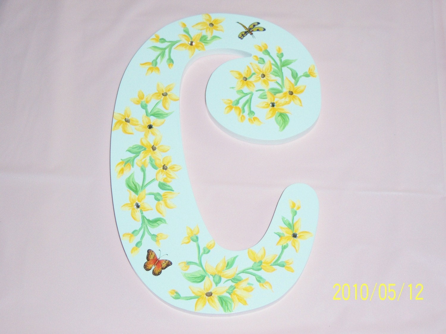 Yellow floral wood C initial - swarovski crystals