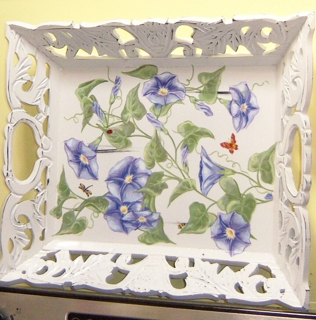 Ornate morning glories wood serving tray