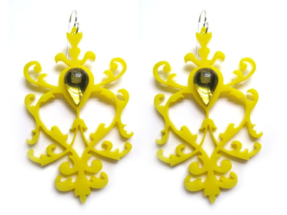 Laser Cut Acrylic Earrings Yellow Cabochon Stone Boho Retro Hippie Modern