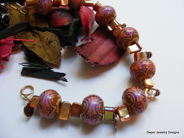 50% off this Bracelet of Mood Beads and Copper. Abalone Shell. Funky. Fun. Copper Swirls.