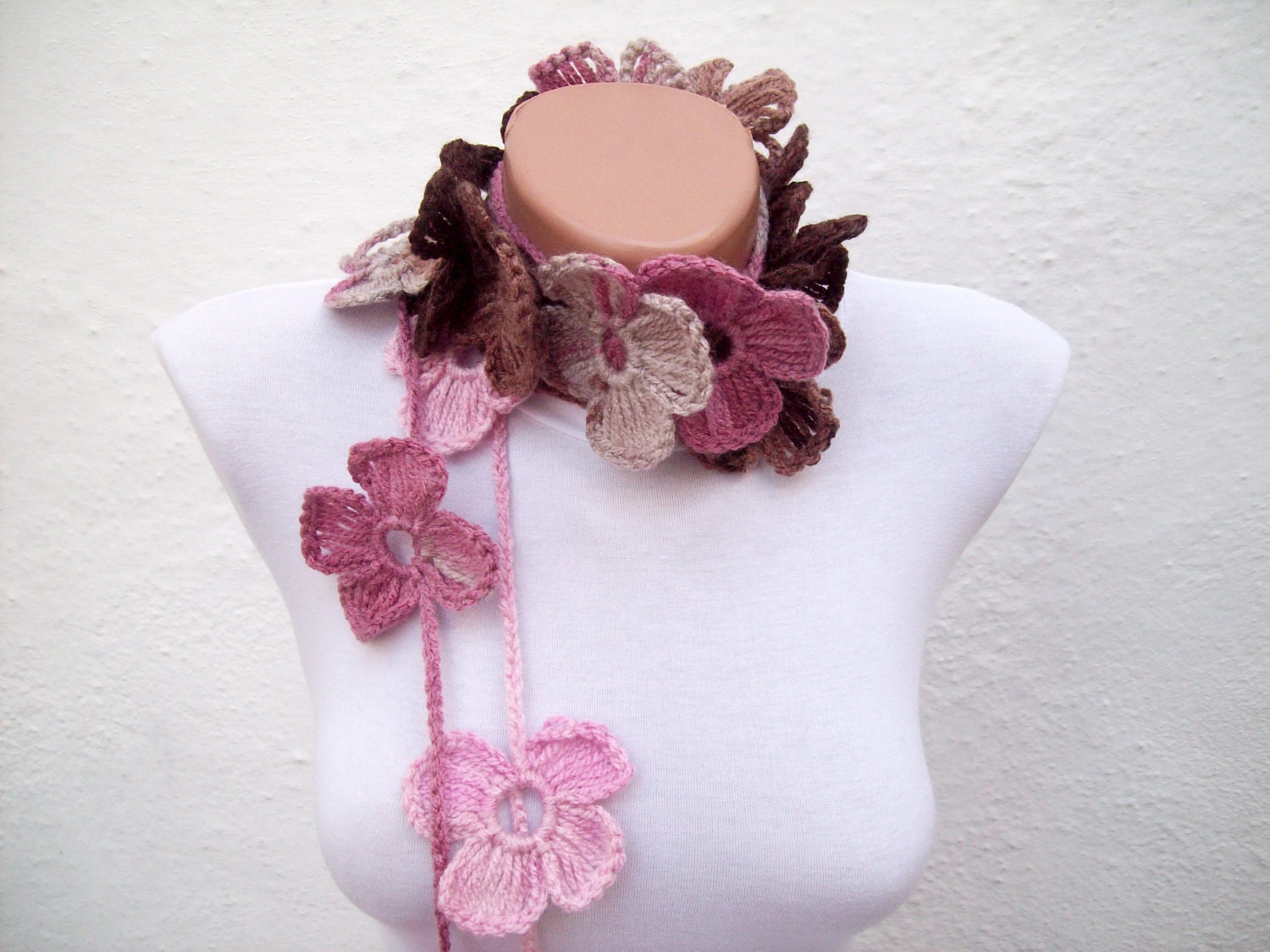 Handmade crochet Lariat  Scarf Pink Brown Flower Lariat Scarf Colorful Variegated Long Necklace Winter Fashion