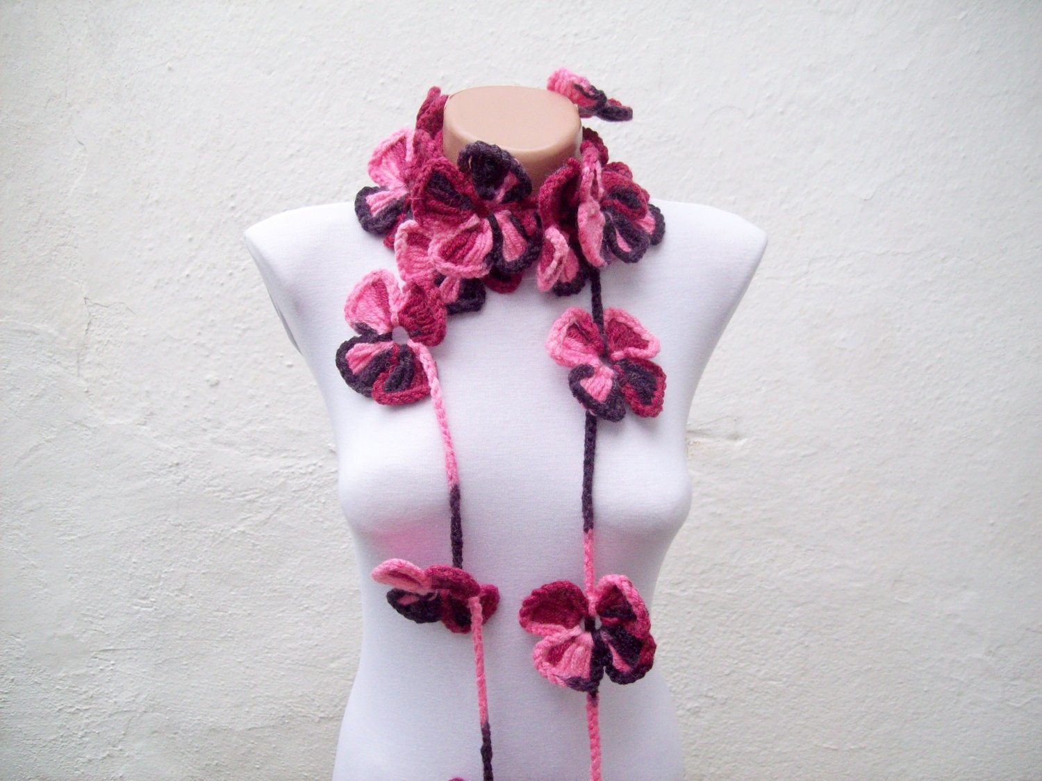 Hand crochet Lariat Scarf Pink Purple Burgundy  Flower Lariat Scarf Colorful Variegated Long Necklace Winter Fashion