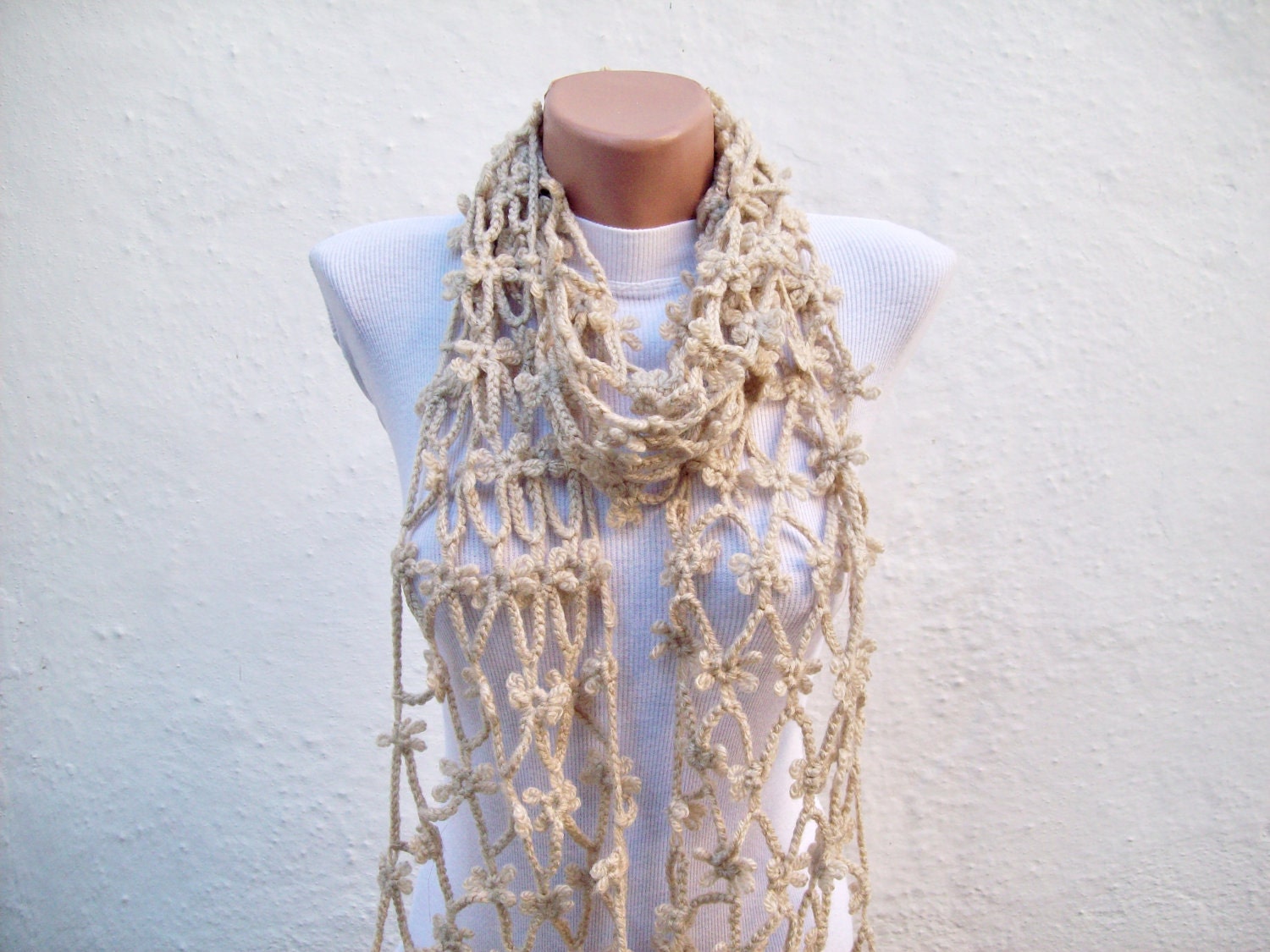Hand crochet  Scarf  Light Brown  Long  Winter Accessories Holiday Accessories Spring Celebrations