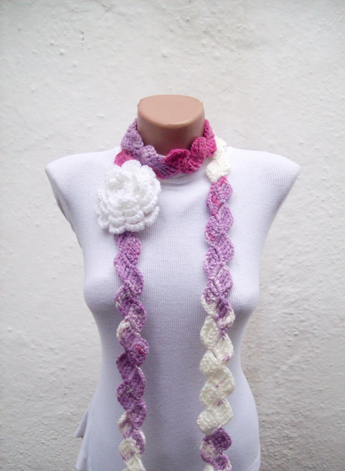 Removeable Brooch Pin Hand crochet Lariat Scarf White Pink Lilac Flower Lariat Scarf Winter Fashion