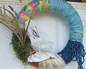 Nautical Ocean BLuE Ribbon Yarn Fabric UMBERELLAS Vacation Beach Front Door Wreath