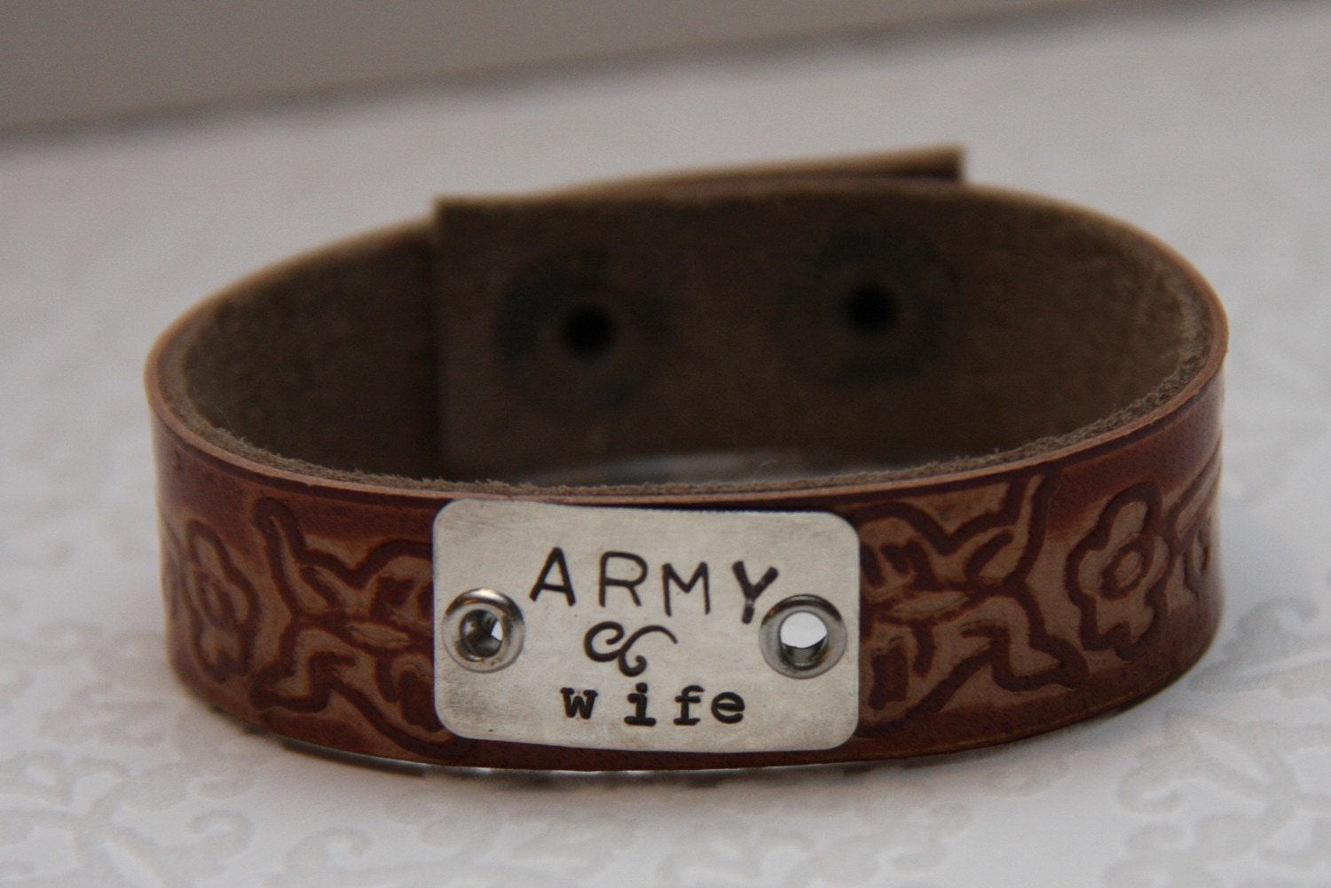 ARMY wife Hand Stamped Leather Butterfly Cuff