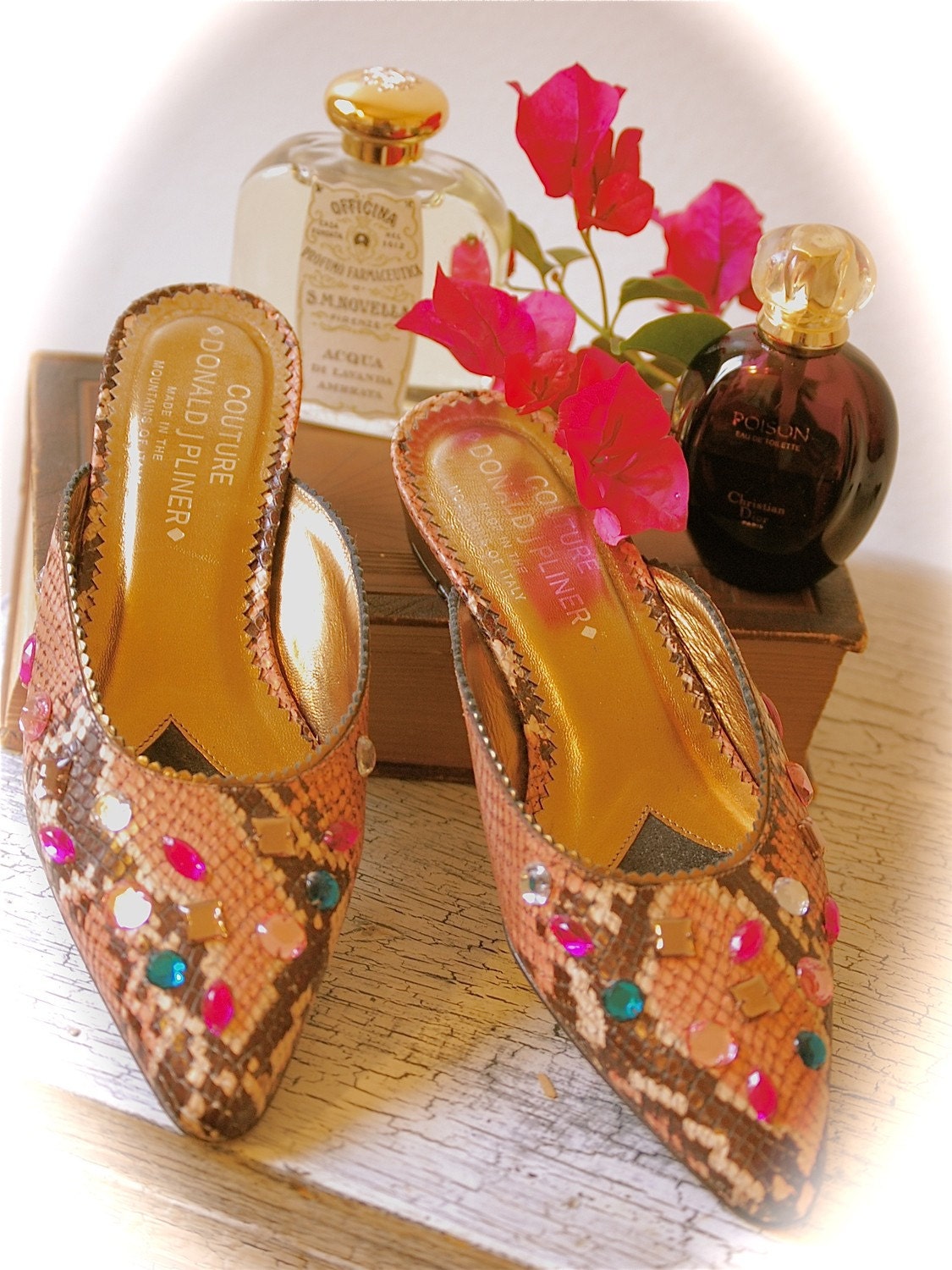 Couture Donald J Pliner Pink Snakeskin and Rhinestones Italian Mules, Vintage Shoes