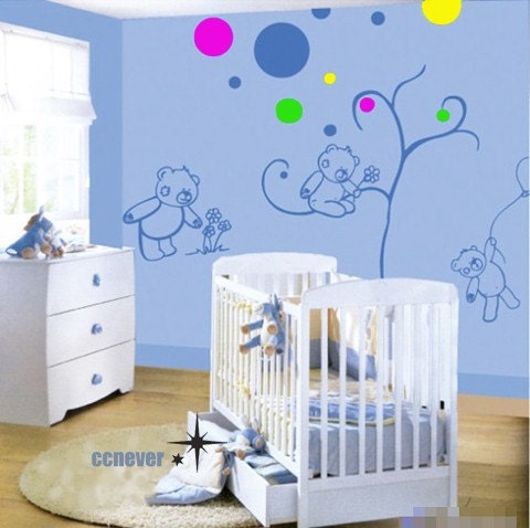 Colorful dots cute 3 bears tree----Removable Graphic Art wall decals stickers home decor