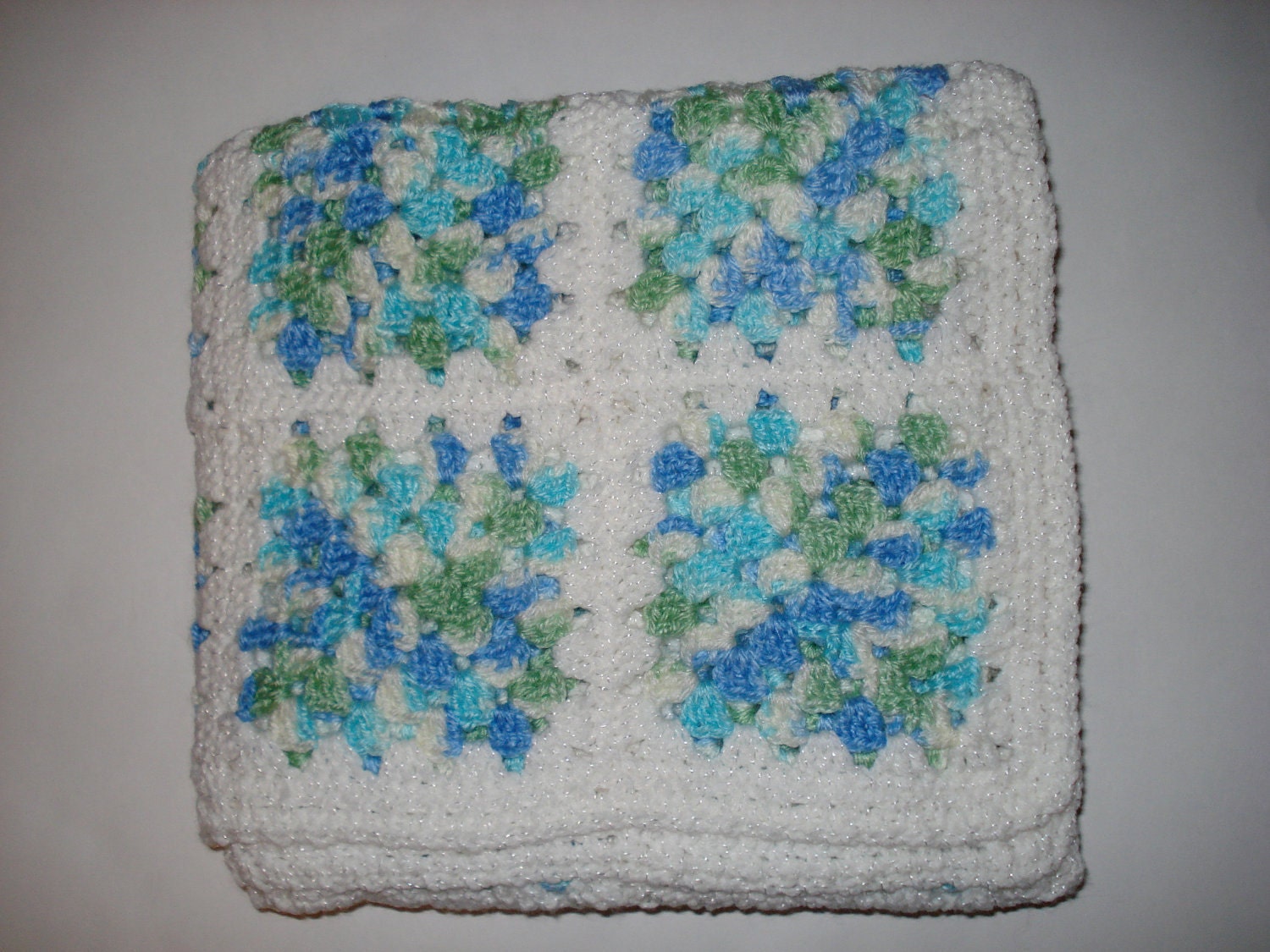 Boy's Crochet Granny Square Afghan in Blue Green and White Multicolor
